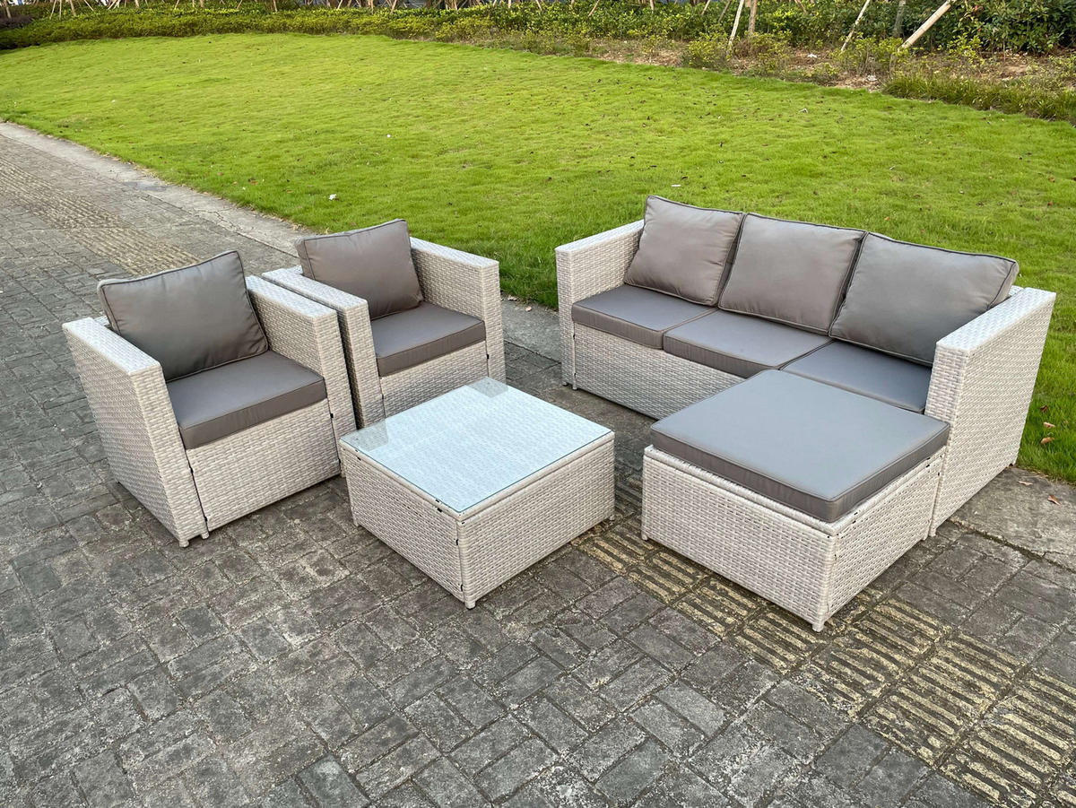 GARTENMÖBEL SET mit Couchtisch Polyrattan Helles Grau 6-Sitzer - Hellgrau, Metall - Fimous