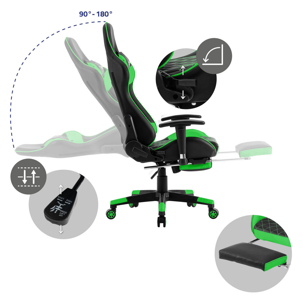 GAMING-STUHL Schwarz-Grün - Grün, Metall (68/135/73cm) - ML-DESIGN