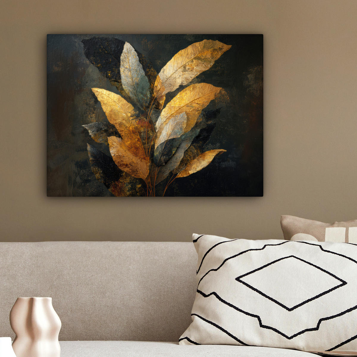 LEINWANDBILD Golden Leaf Komposition - Botanical Luxury Wandbild 40x30 cm - Goldfarben/Schwarz, Textil (40/30cm) - MuchoWow