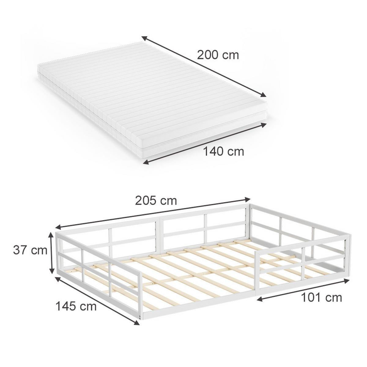 BODENBETT AUS METALL Minno Weiß 140x200 mit Matratze - Weiß, Metall - VitaliSpa