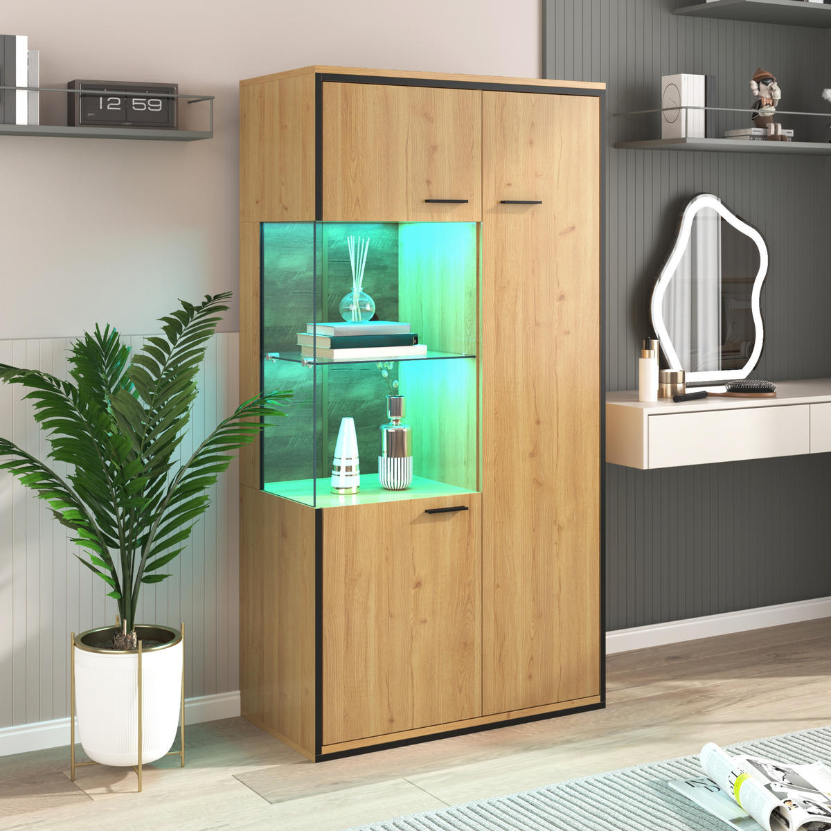 VITRINE LED 150 cm Glastür Stauraum - Naturfarben, Holz (77.5/150/40cm) - Fortuna Lai