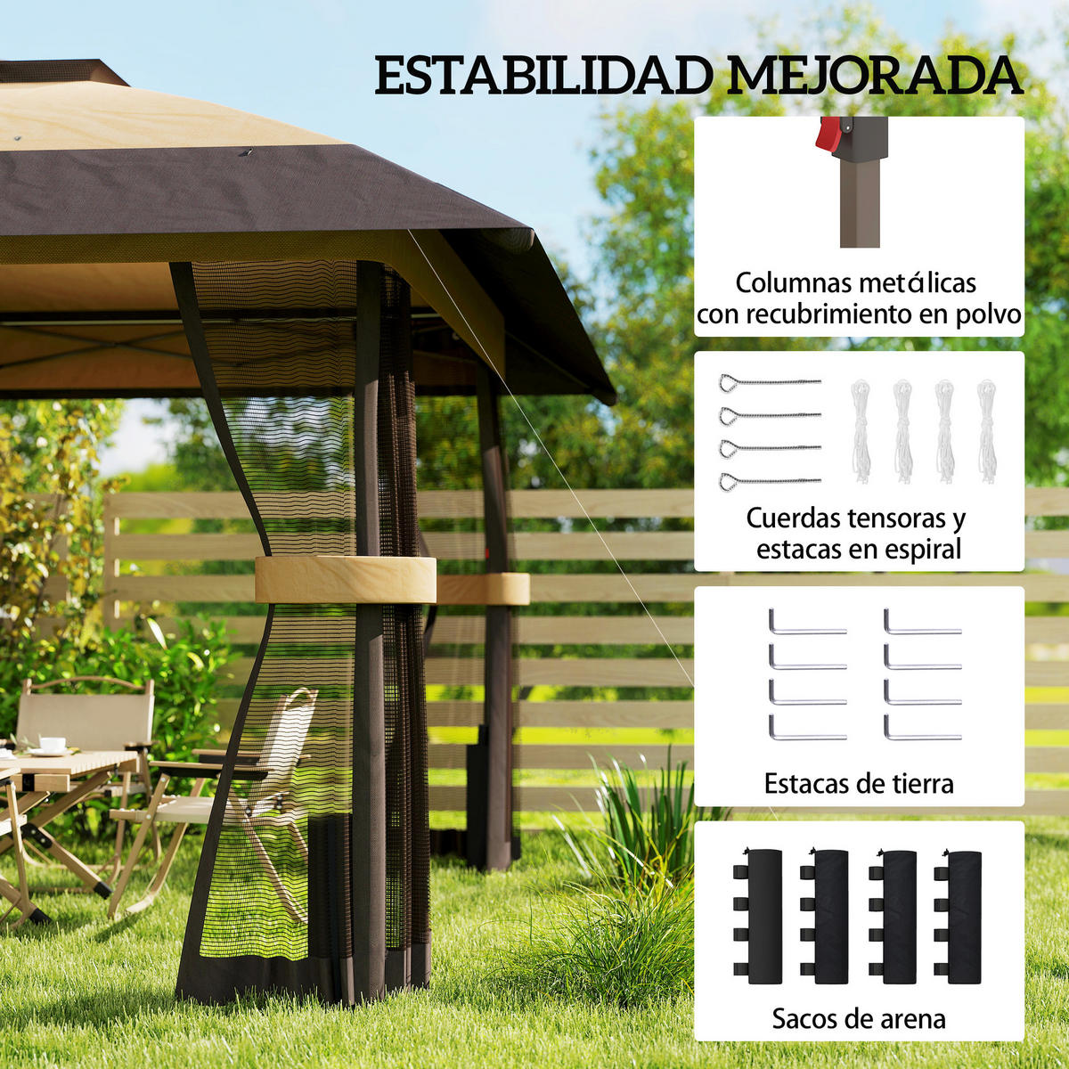 PAVILLON, faltbar, verstellbarer Höhe, Tragetasche, UPF 30+, 4x4 m ,Khaki - Braun, Metall (400/287/400cm) - Vallsero