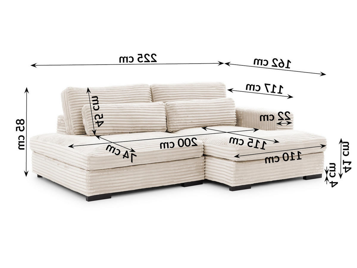 ECKSOFA Wolke mit tiefer Sitzfläche, Schlaffunktion und praktischem Bettkasten aus weichem Creme Cordstoff - Creme/Schwarz, Holz/Kunststoff (225/162cm) - S-Style