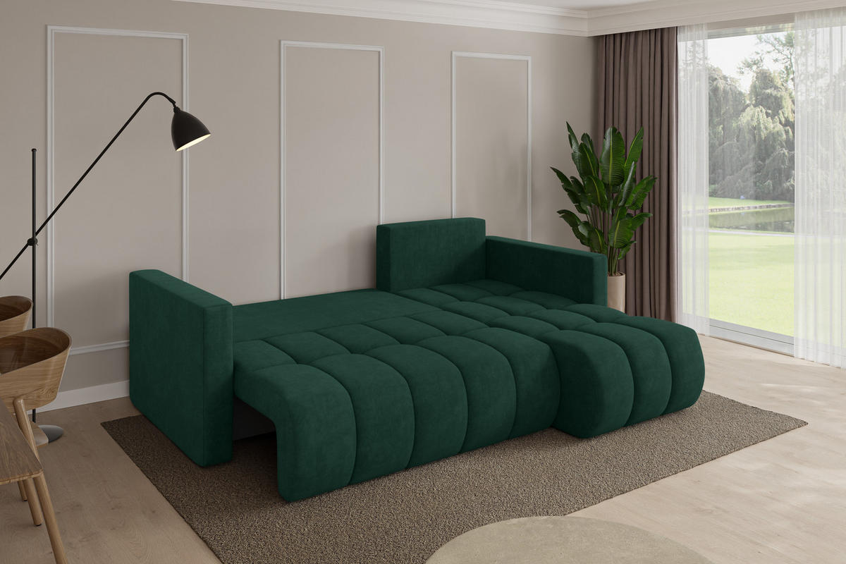ROHOVÁ SEDAČKA s funkcí spaní, otoman vpravo GARD-L 226x146x85 zelená velur - černá/zelená barva, kompozitní dřevo/textil (226/146cm) - ALTDECOR