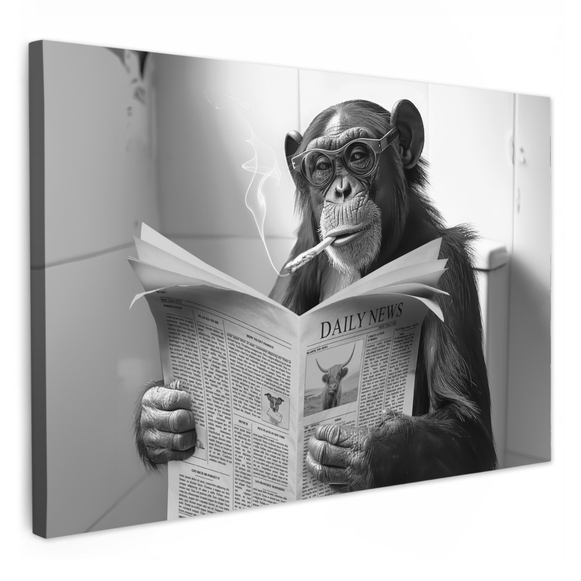 LEINWANDBILD Affe - WC - Zeitung - Schwarz-Weiß - Humor Wohnzimmer 120x80 cm - Hellgrau, Textil (120/80cm) - MuchoWow