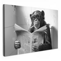 LEINWANDBILD Affe - WC - Zeitung - Schwarz-Weiß - Humor Gemälde 60x40 cm - Hellgrau, Textil (60/40cm) - MuchoWow