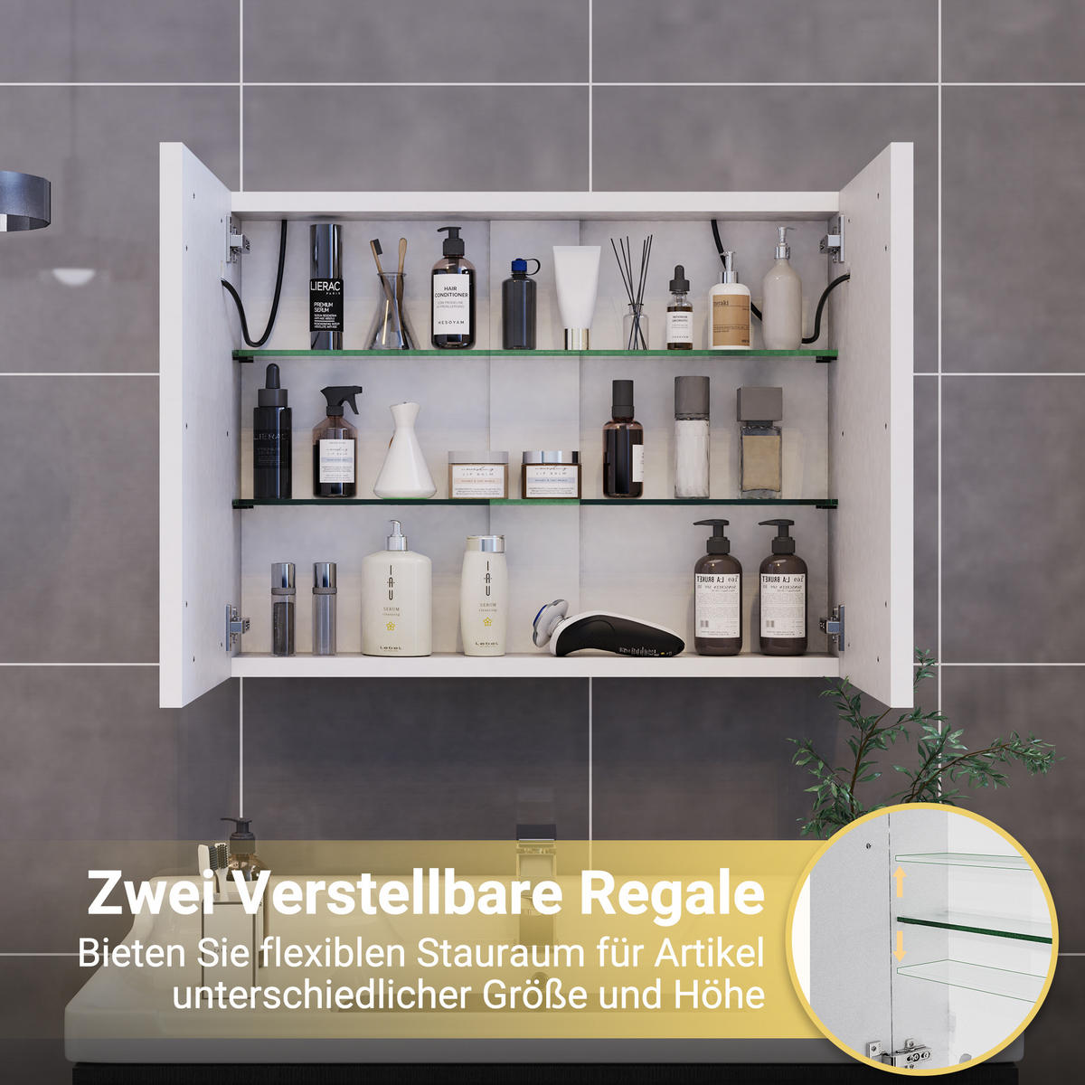 SPIEGELSCHRANK 80cm mit LED, Doppeltür, Weiß - Weiß, Holz (13.5/60/80cm)