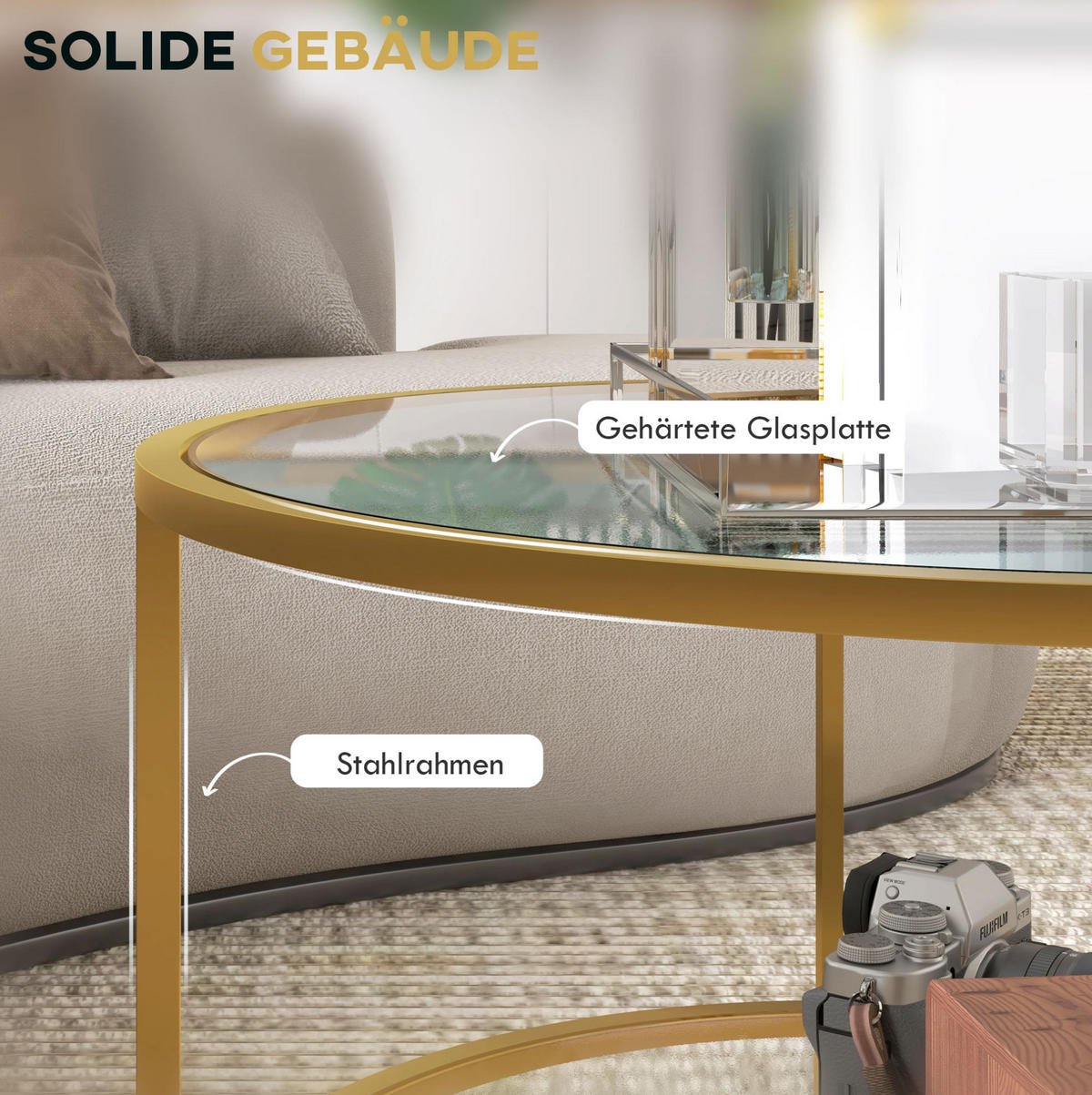 BEISTELLTISCH 60/43 cm Gold aus Glas mit Ablage - Goldfarben, Glas (60/60/43cm) - OKMYHOME