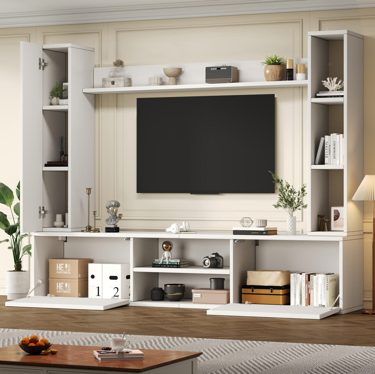 TV-WOHNWAND-SET(KOMPLETT-SET, 4-St) 180/35/33,5 cm aus Spanplatte mit flexibler Wand- und Standmontage Weiß - Weiß, Holzwerkstoff (180/33.5/35cm) - Modenvie