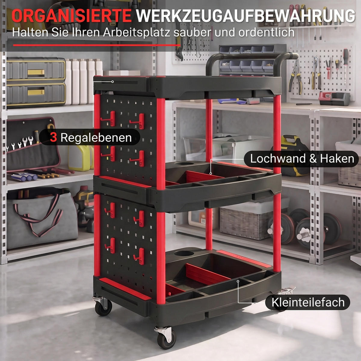 WERKZEUGWAGEN Aluminium Schwarz Rot - Schwarz, Metall (48/95.5/64cm) - HOMCOM