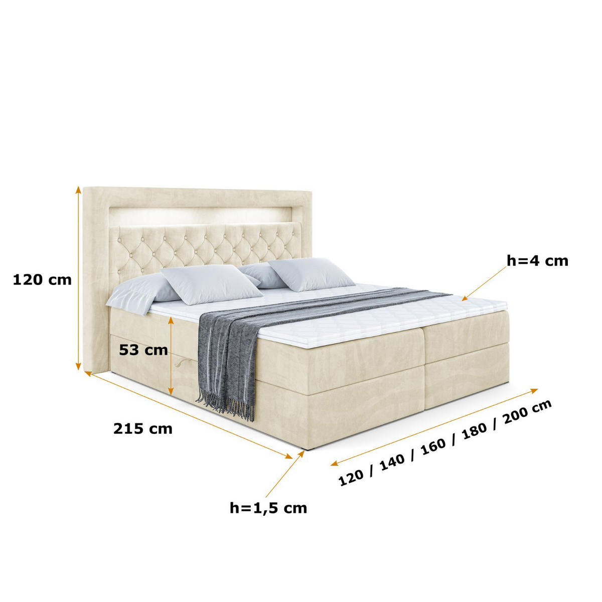 BOXBETT LED mit H3-Matratze und Lattenrost - NOEL GOLD - 180x200 Beige - Beige, Holzwerkstoff (180/200cm) - ALTDECOR