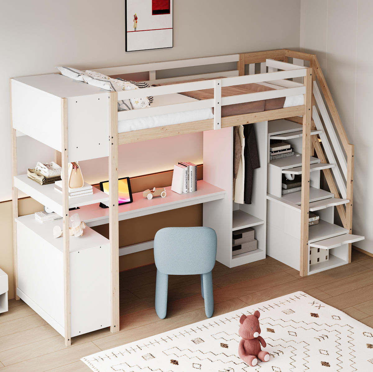 HOCHBETT 90/200 cm aus Massivholz und MDF mit Schreibtisch, Kleiderschrank und LED Weiß/Natur - Naturfarben, Holz (90/200cm) - Modenvie