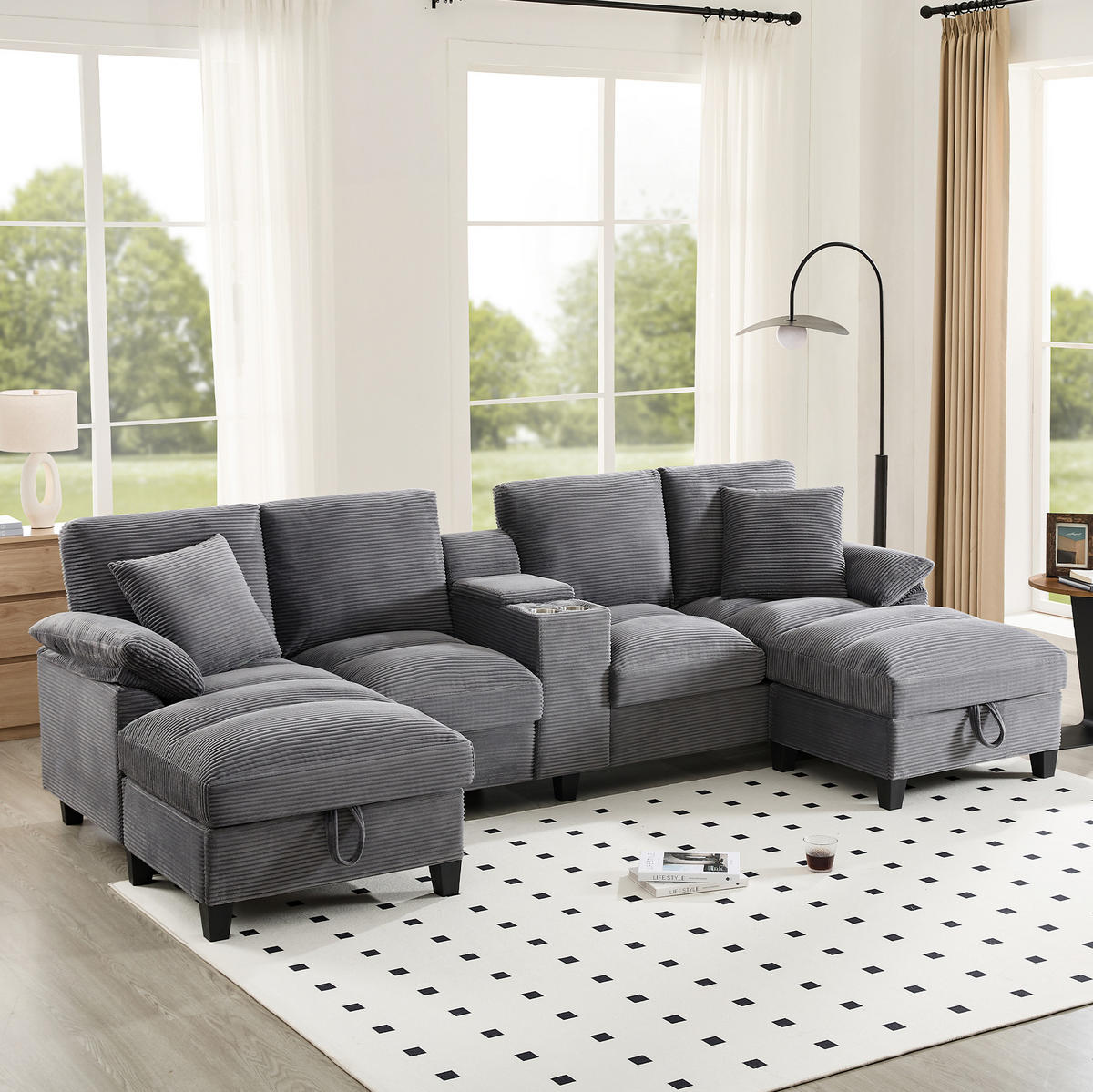 WOHNLANDSCHAFT 293/142/93 cm in Grau, U-Form mit Stauraum und USB-Anschlüssen - Grau, Textil (93/293/142cm) - Flora Grace