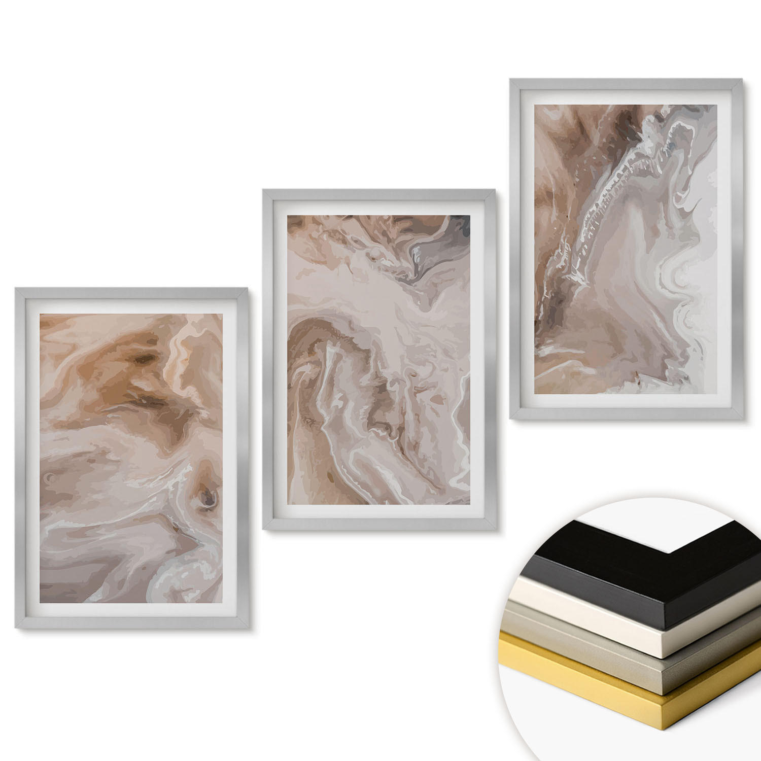 WANDBILDER 3er Set - 40x60 cm Silberner Rahmen - Abstrakter Marmorstein - Silberfarben, Kunststoff (40/60cm) - ArtPrintCave
