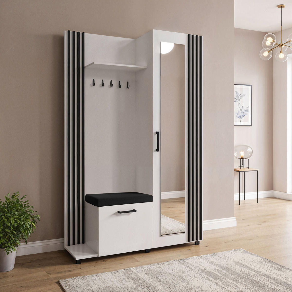 GARDEROBE Linaro mit Spiegel, Sitzbank in Lamellen-Optik 137/207/42 cm, Links - Multicolor/Schwarz, Holzwerkstoff (137/207/42cm) - WFL GROUP