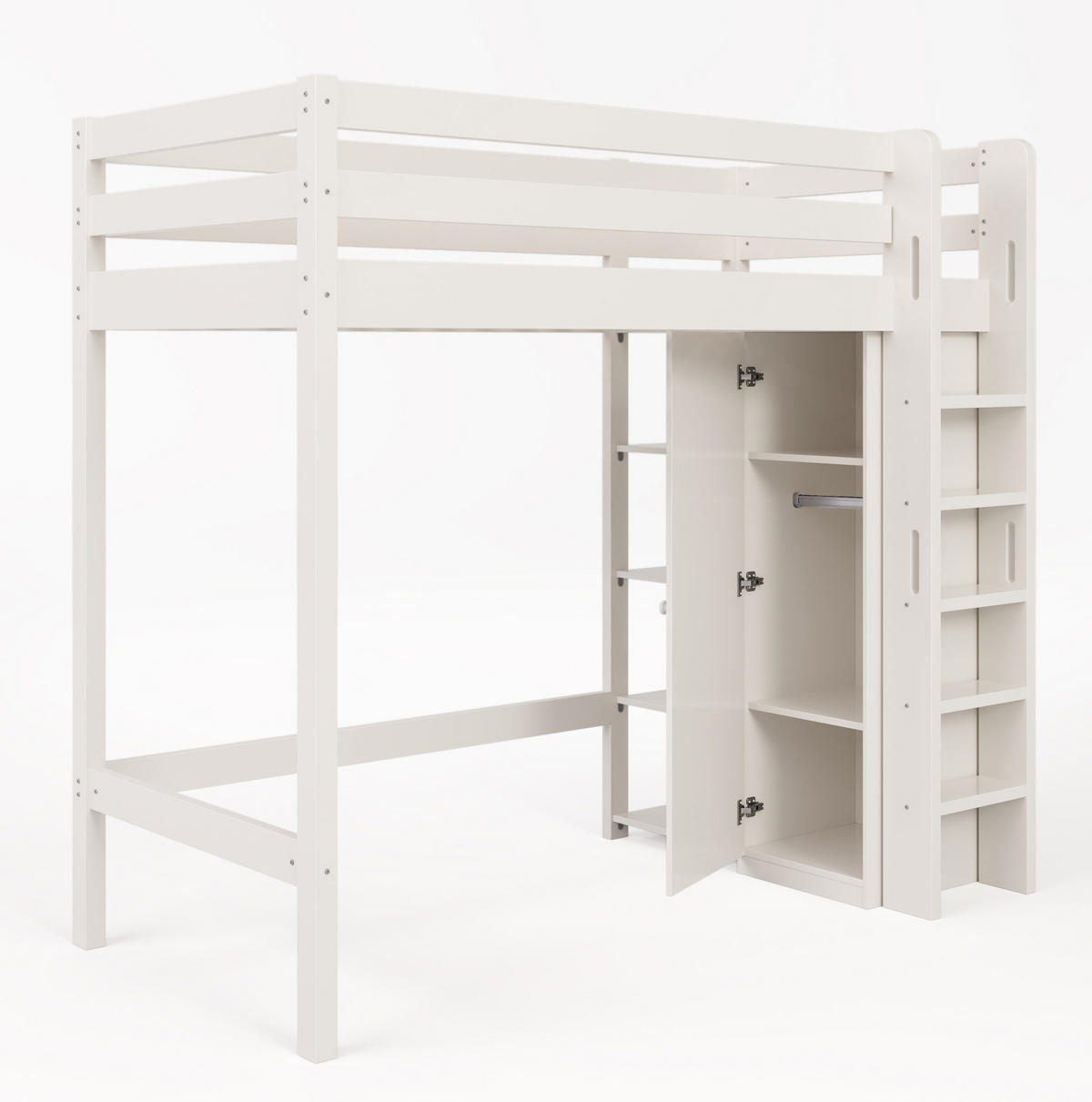 HOCHBETT 90/200 cm Weiß aus Holzwerkstoff und Massivholz mit Kleiderschrank und 6 Regalen - Weiß, Holzwerkstoff (90/200cm) - OKMYHOME