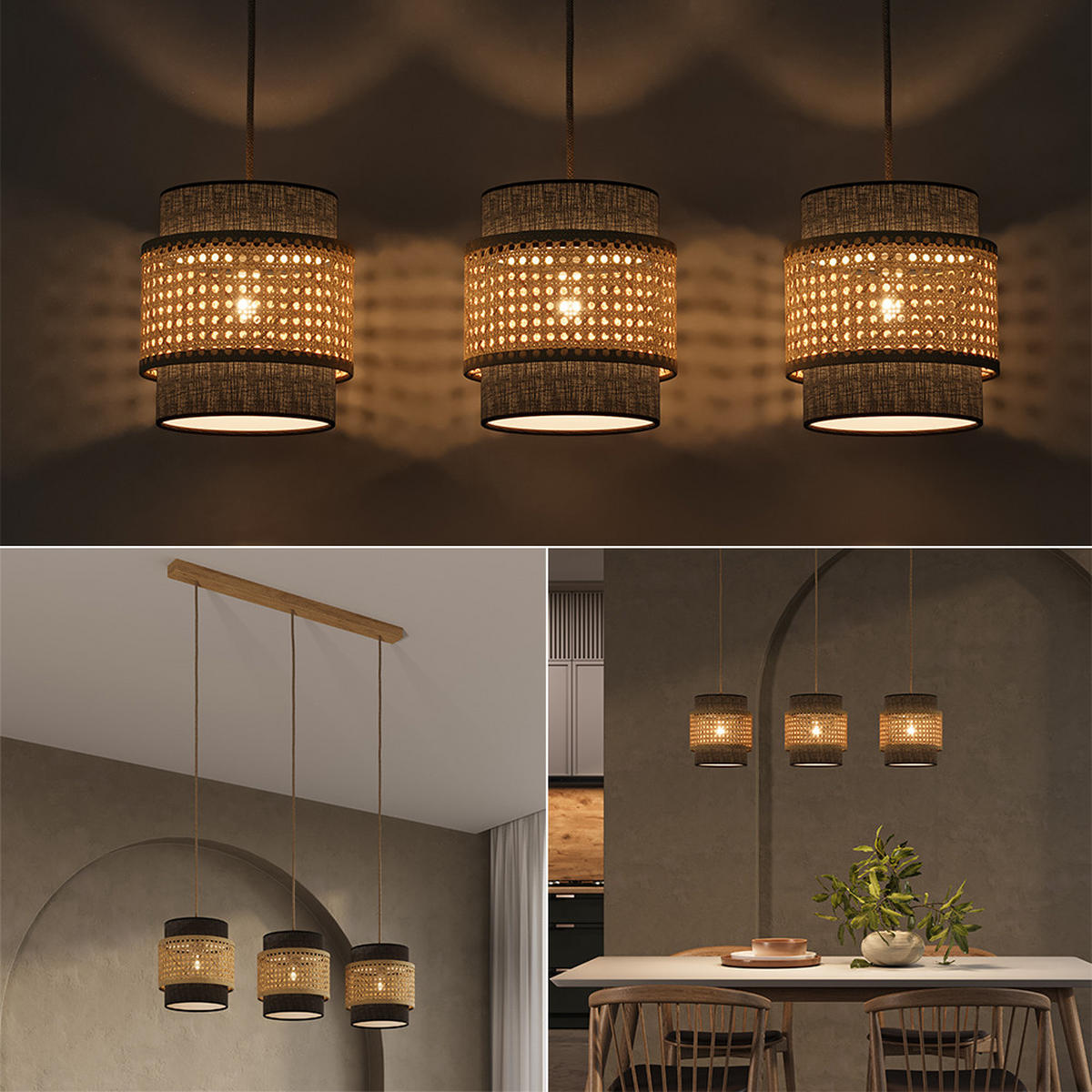 3ER PENDELLEUCHTE Morten Rattan/Schwarz 70 x 120 cm - Schwarz/Braun, Holz (70/70/120cm) - Vicco