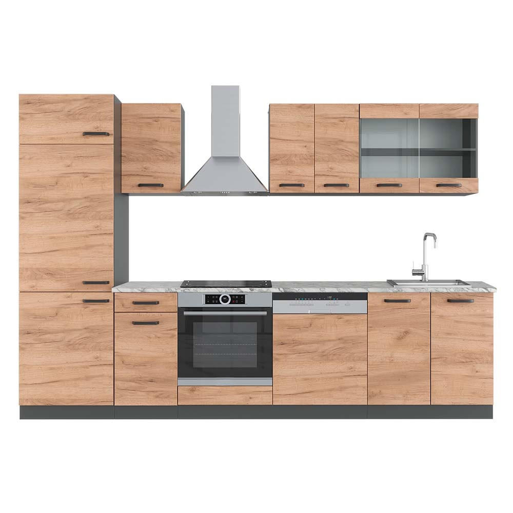 KÜCHENZEILE R-Line Goldkraft Eiche/Anthrazit 300 cm , AP Marmor - Honigeiche/Anthrazit, Holzwerkstoff (300/206.8/60cm) - Vicco