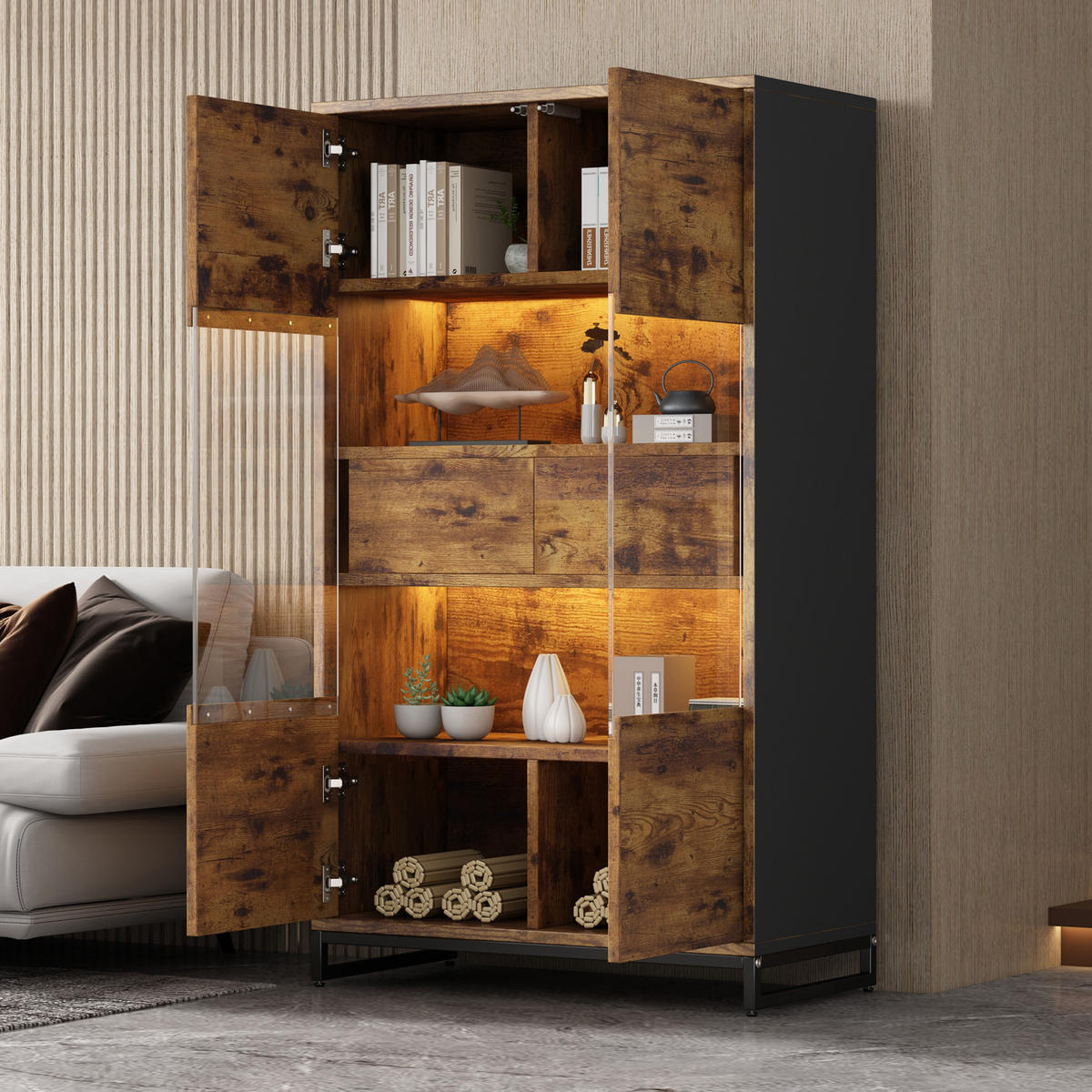 VITRINE DE-37765 mit LED-Beleuchtung und 2 Schubladen Schwarz/Braun - Braun, Holzwerkstoff (80/138/40cm) - ComfortXL