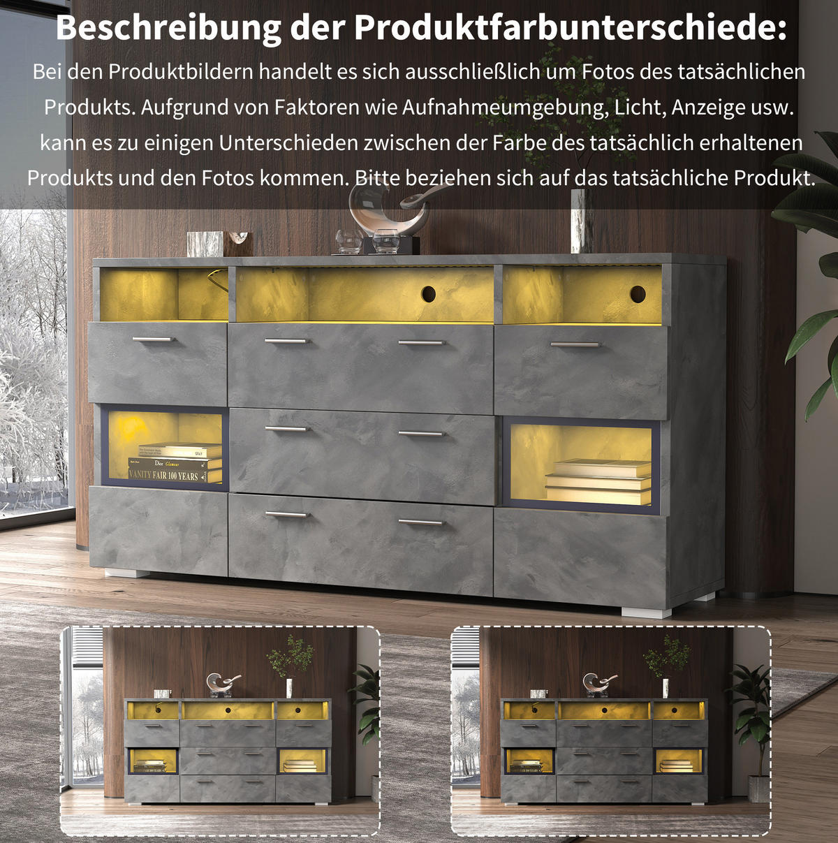 SIDEBOARD aus Spanplatte 140x33,5x72,5 cm Grau mit LED-Beleuchtung, Acryltüren und viel Stauraum - Grau, Holzwerkstoff (140/72.5/33.5cm) - Modfu