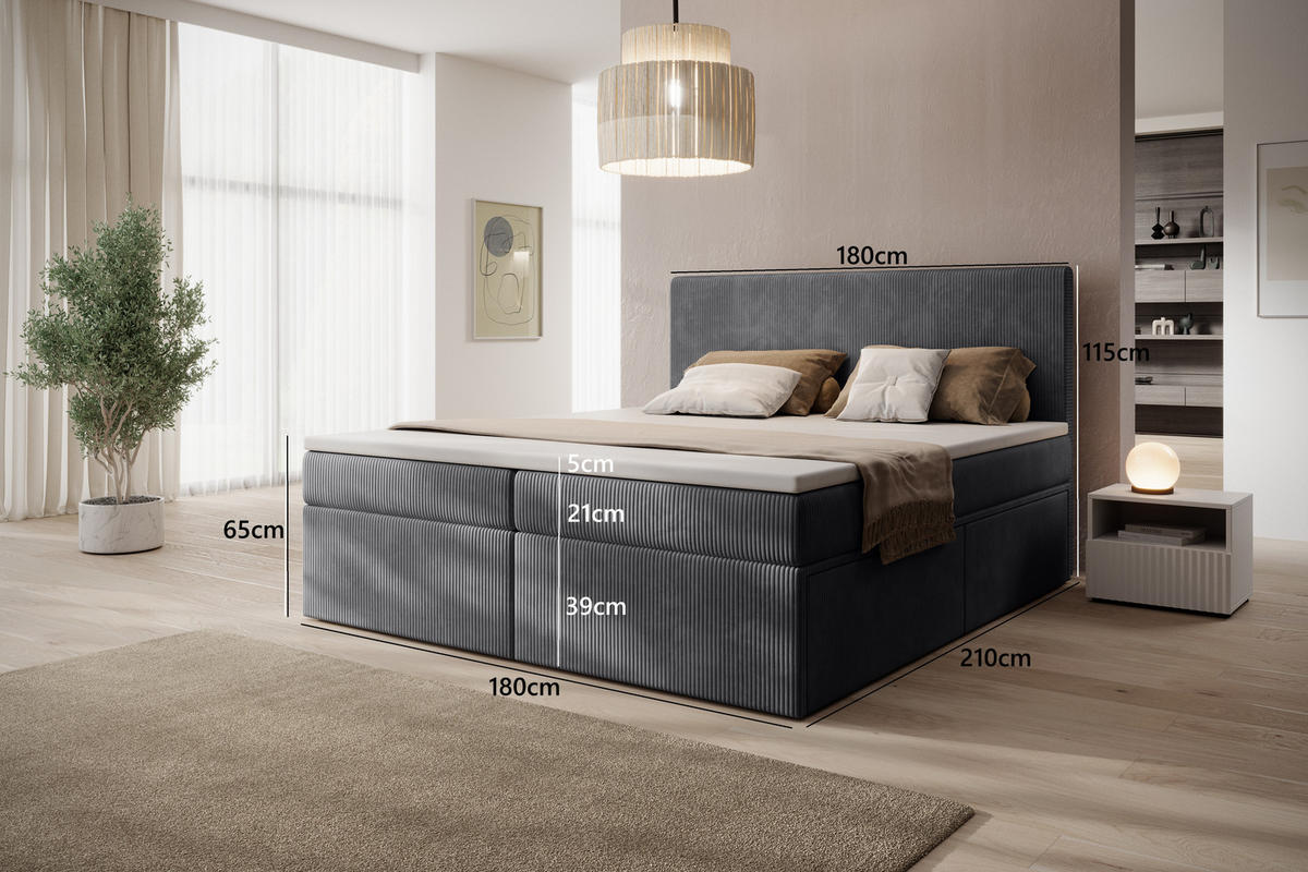 BOXSPRINGBETT Siena mit Schubladen und Topper, POSO-Cordstoff, 180x200 cm, Dunkelgrau - Dunkelgrau, Holz - PROMETO Möbel
