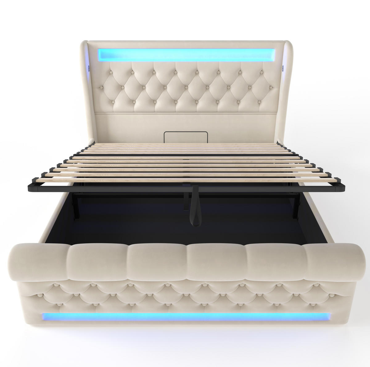 POLSTERBETT 160/200 cm Beige mit LED-Beleuchtung und USB-Anschlüssen mit Matratze - Beige, Textil (160/200cm) - OKWISH