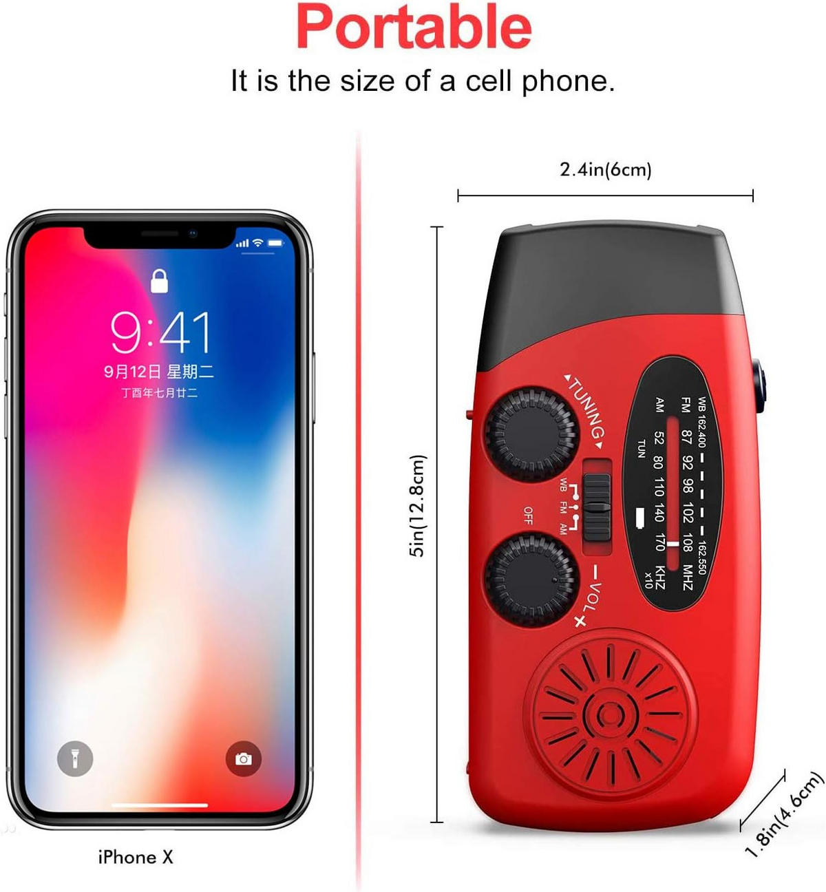 RADIO – NOAA AM/FM – Handkurbel-Generator / LED-Taschenlampe / 2000-mAh-Powerbank – Rot - Rot, Kunststoff (12.7/4.57/6cm) - DCA