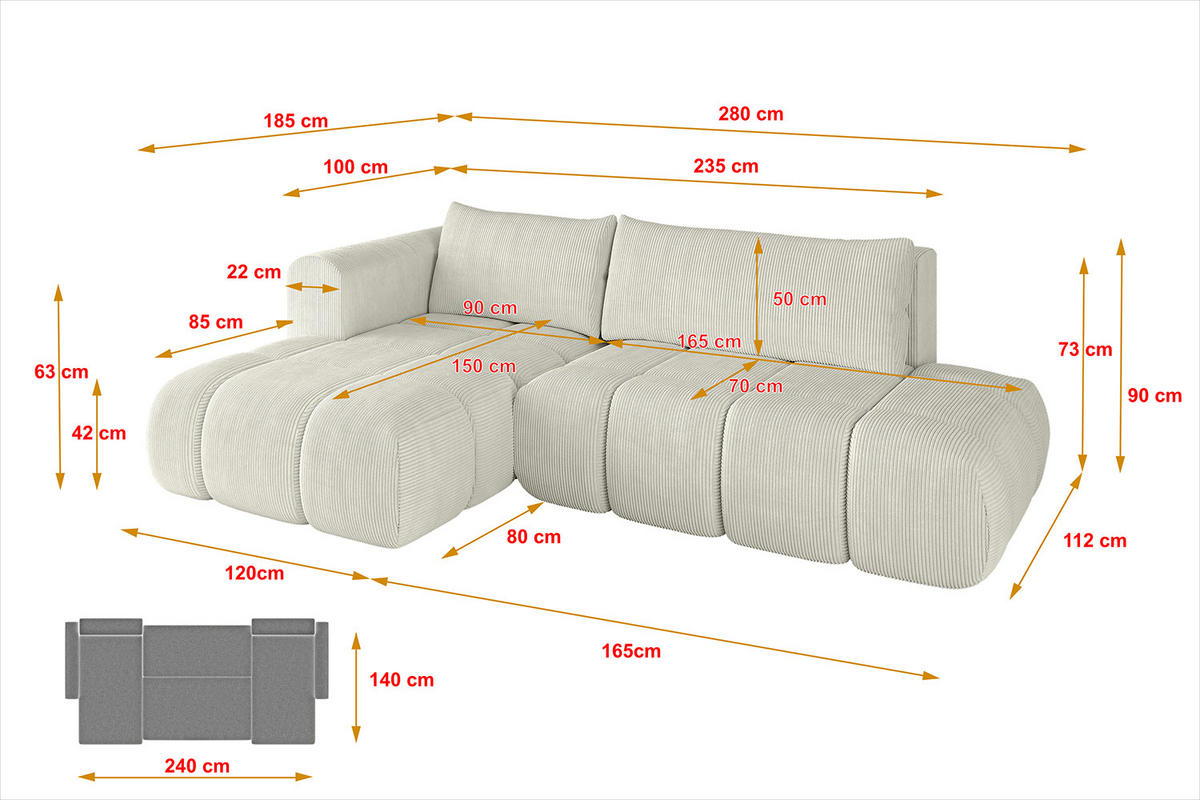 ECKSOFA Ottomane Links CLOUD-L 280x185x90 Hellgrau Cord - Hellgrau, Holzwerkstoff/Kunststoff (180/289cm) - ALTDECOR