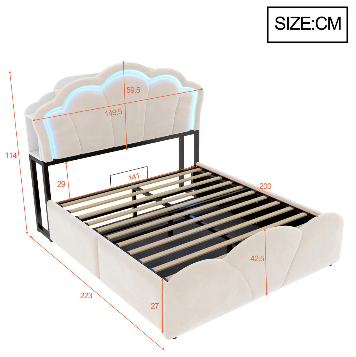 POLSTERBETT 140x200 cm in Beige mit LED-Beleuchtung, Steckdosen und hydraulischem Stauraum - Beige, Textil (140/200cm) - IVMEU
