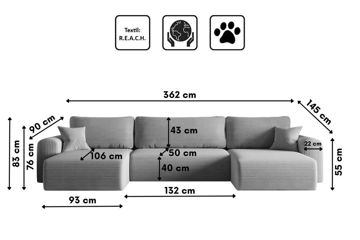 ECKSOFA Mit Schlaffunktion Und Bettkasten U-form CAPRI Poso Hellgrau - Hellgrau, Holz/Textil (145/362cm) - Kaiser Möbel