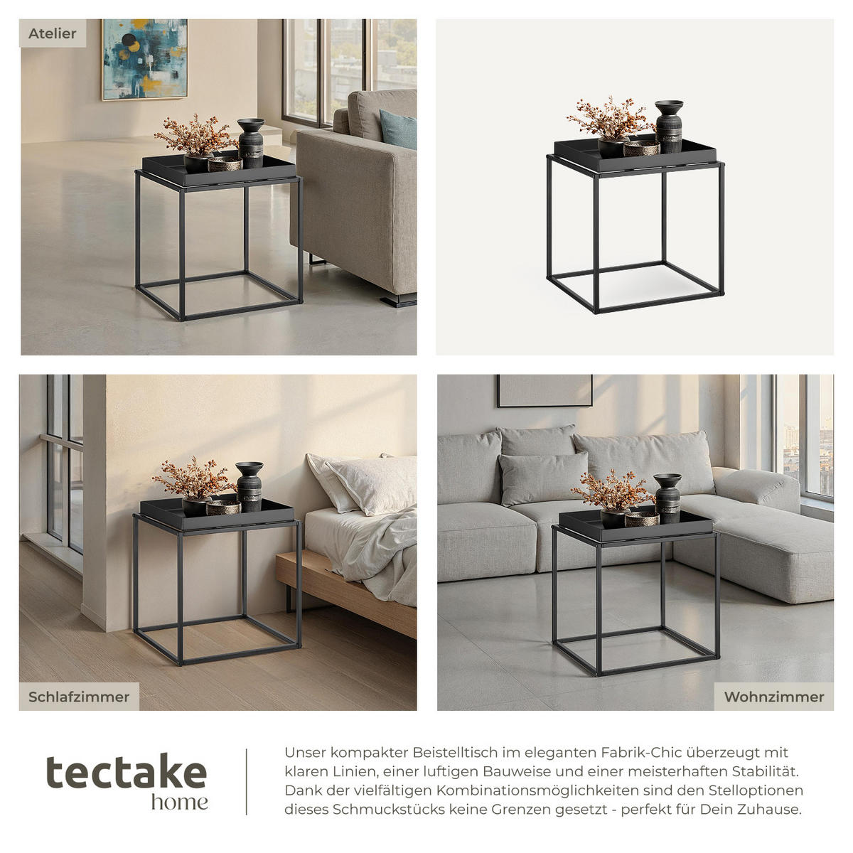 BEISTELLTISCH Cambridge,40 x 40 x 44 cm,schwarz - Schwarz, Metall (40/40/44cm) - tectake