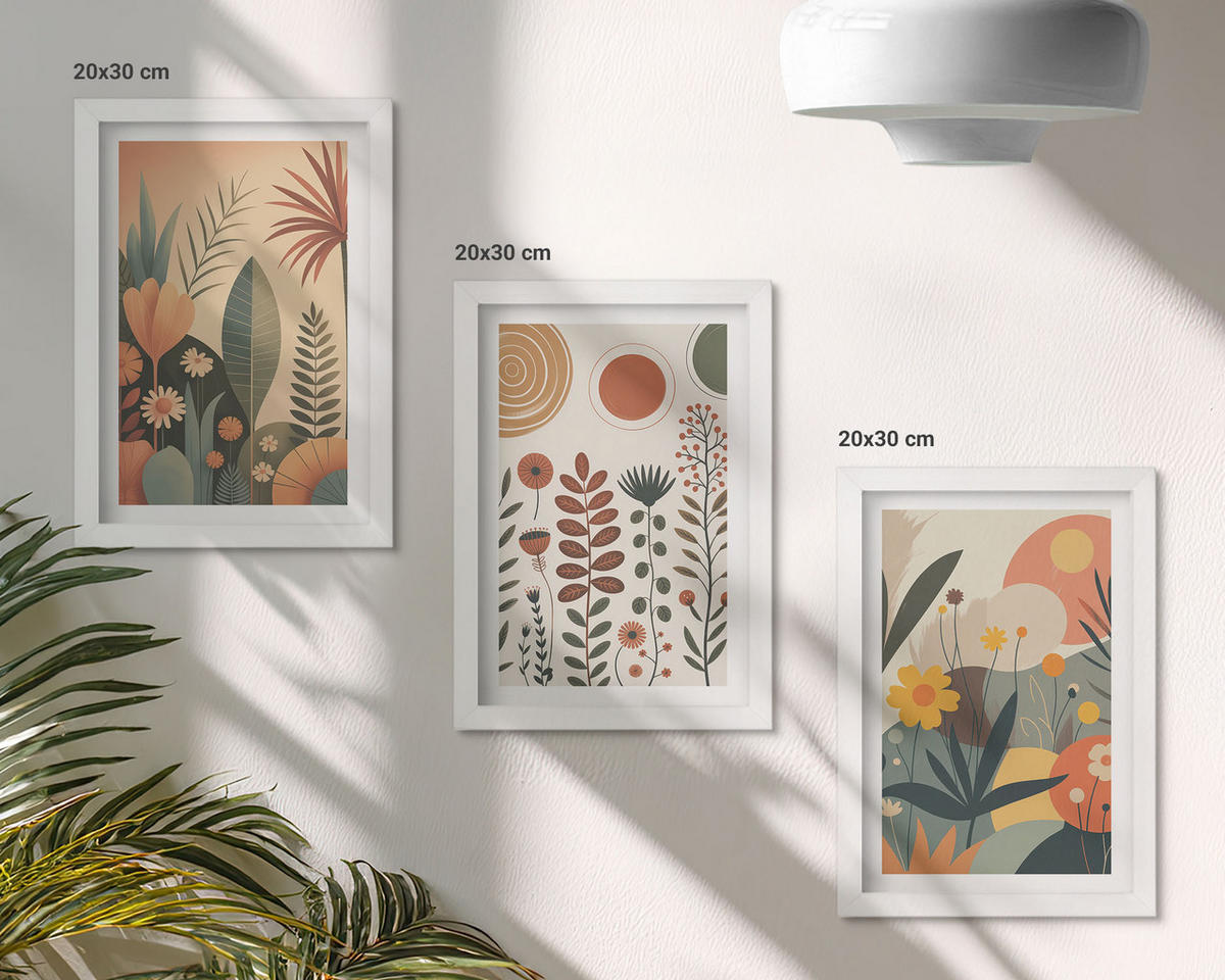 WANDBILDER 3er-Set - 20x30 cm Weißer Rahmen - Boho-Pflanzenmuster Natur - Weiß, Kunststoff (20/30cm) - ArtPrintCave