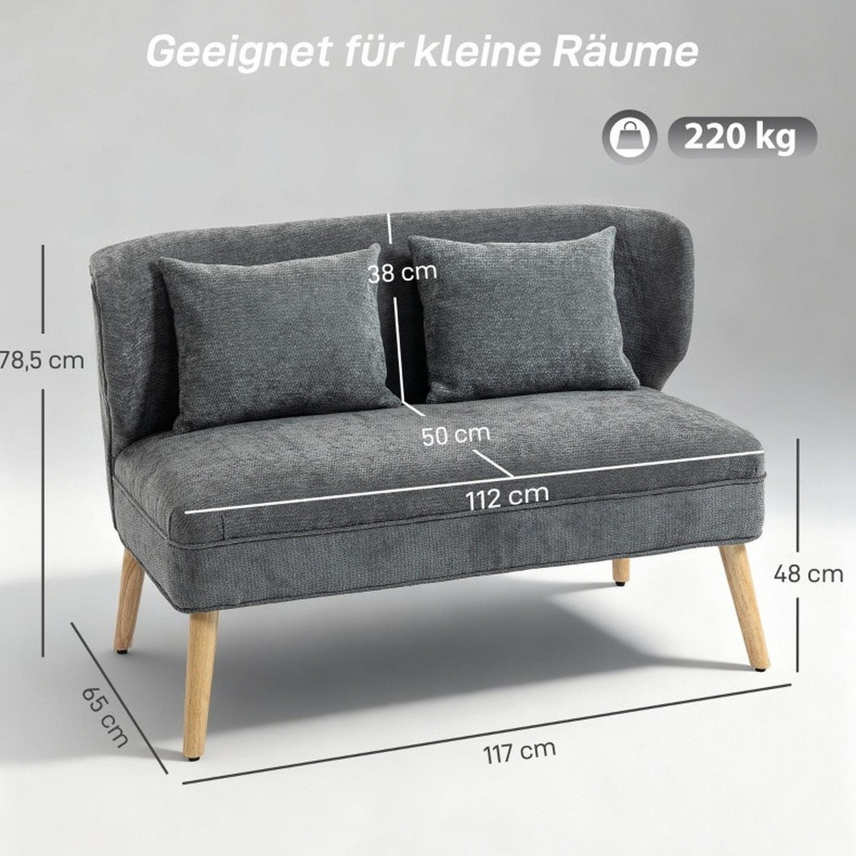 SOFA 2-Sitzer 117 cm Chenille Grau - Grau, Holzwerkstoff (117/78.5/65cm) - Meubliv