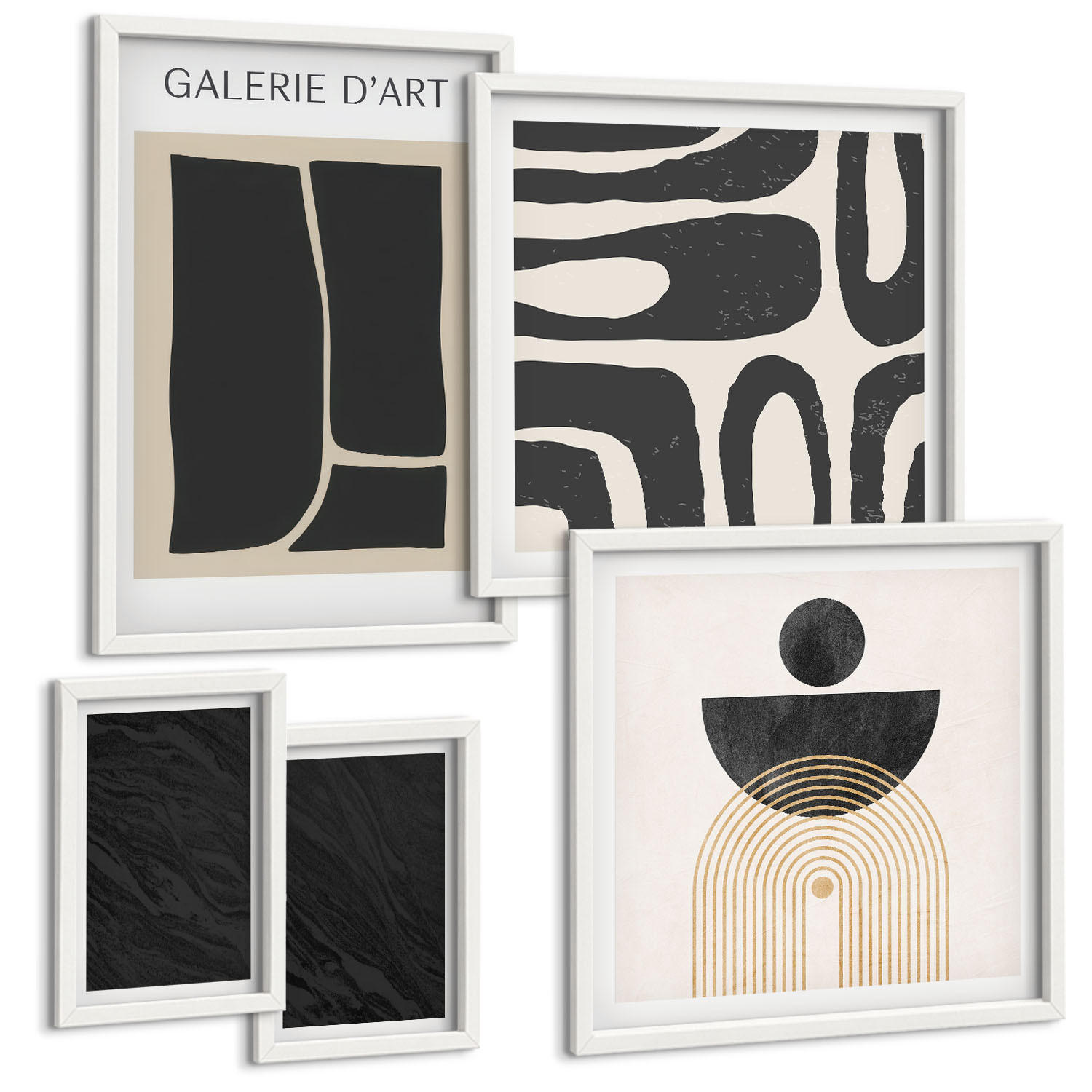 BILDER SET 5er Set - 50x50 cm & 20x30 cm & 40x60 cm Weißer Rahmen - Abstrakte Marmorformen - Weiß, Kunststoff (40/60cm) - TULUP