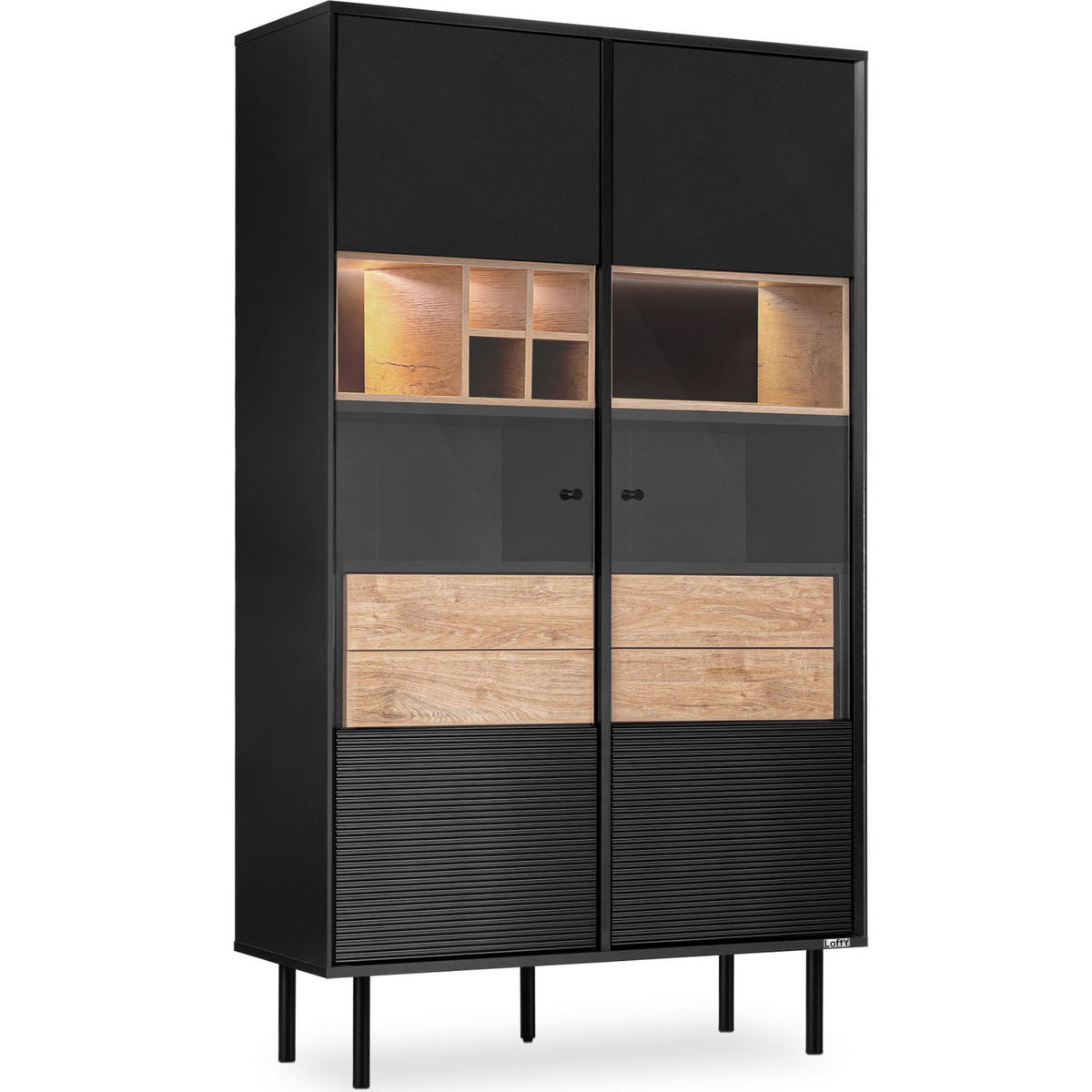 VITRINENSCHRÄNK LOFTY Weineinlage, schwarz / Eiche natur - Eichefarben/Multicolor, Holzwerkstoff (102/174/41cm) - KONSIMO®