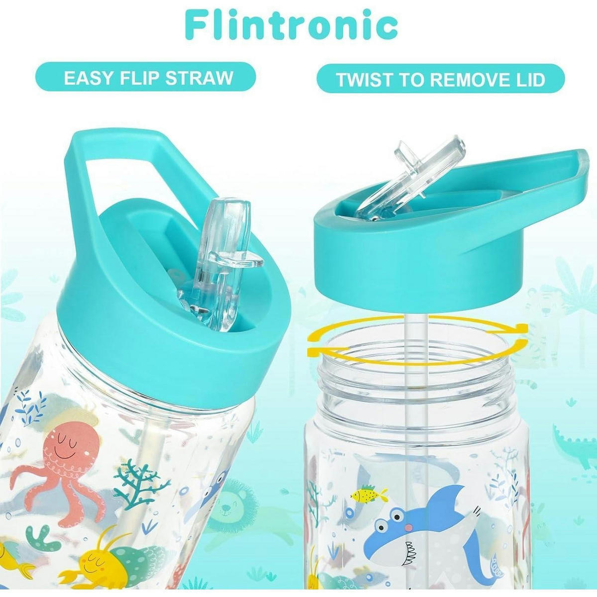 TRINKFLASCHE Kinder mit Strohhalm 450 ml Blau Hai - Multicolor, Kunststoff (7.5/7.5cm)