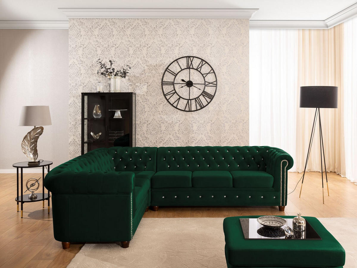 ECKSOFA Chesterfield Cleo Blink Flasche Grün Samt mit Kristallsteppung und braunen Massivholzfüßen - Ottomane Links - Braun/Grün, Holz/Textil (264/210cm) - S-Style Möbel