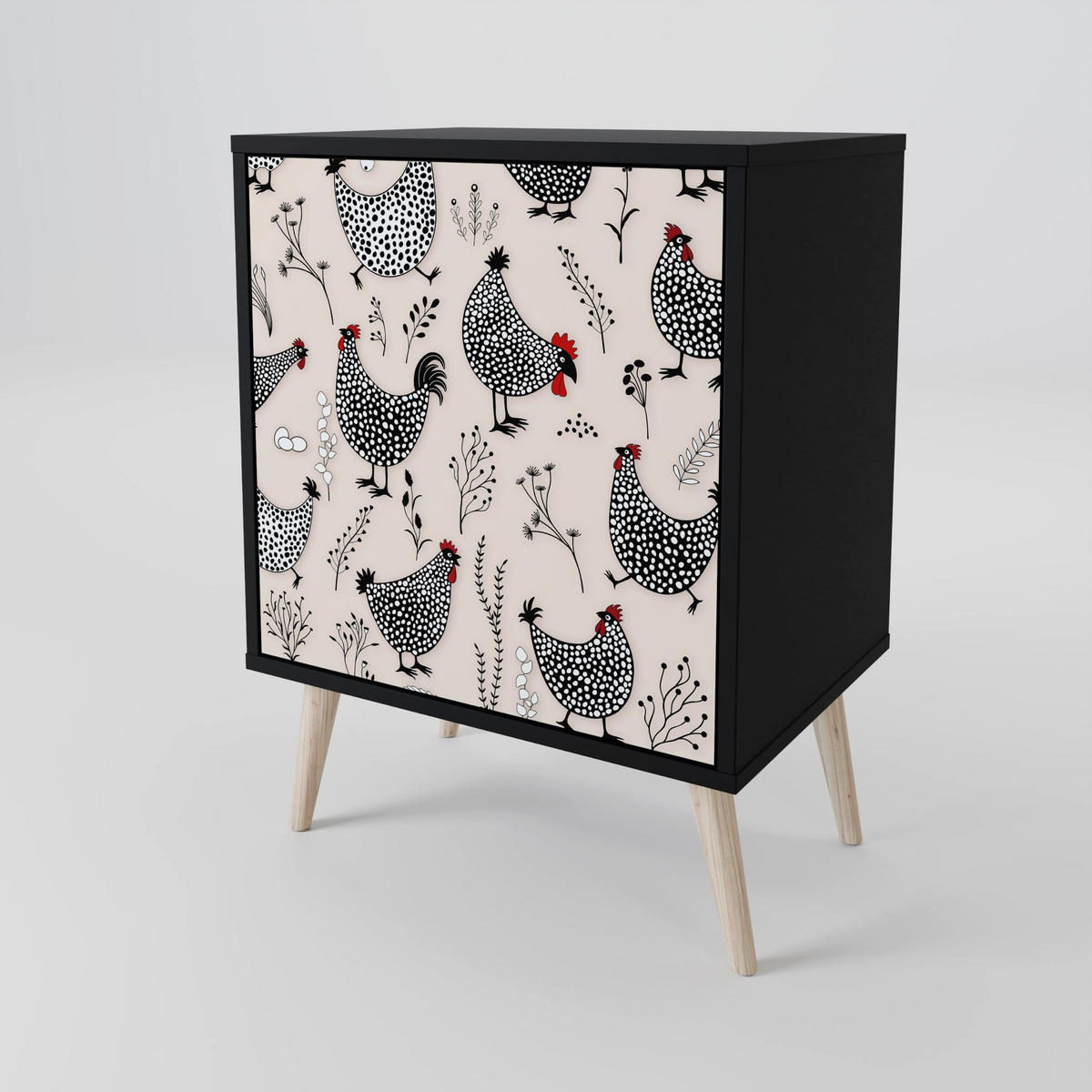 SIDEBOARD HAPPY HENS, Schwarz, 57,5x42x75,5 cm, Goldfarbene Metallfüße - Goldfarben/Multicolor, Holzwerkstoff/Metall (57.5/75.5/42cm) - SpaceRebels