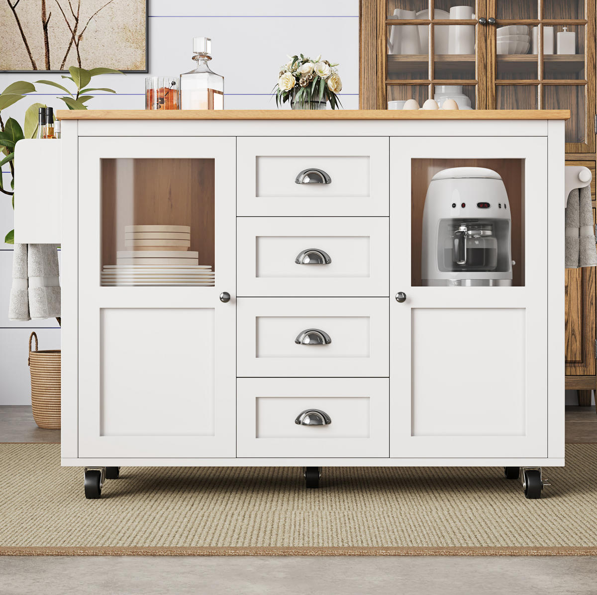 KÜCHENINSEL aus MDF und Metall 137,9x73x92,5 cm Weiß mit Klapptisch, Rollen und großem Stauraum - Weiß, Holzwerkstoff (137.9/92.5/73cm) - Modfu