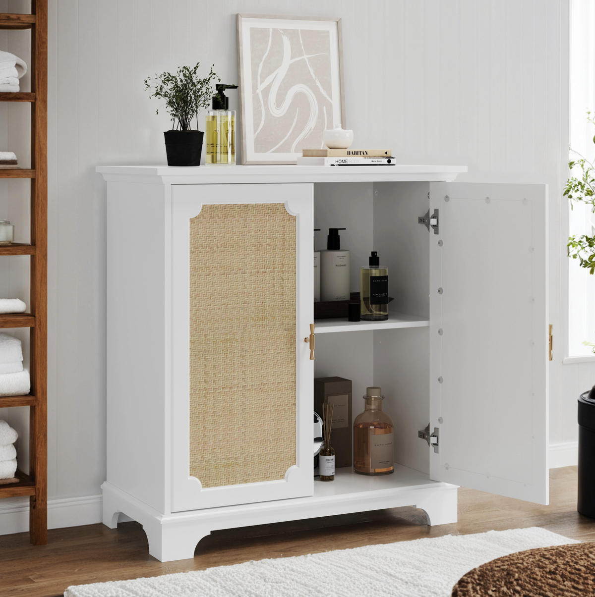 BADEZIMMERSCHRÄNKE 80x38x86 cm Weiß aus Rattan & Holzwerkstoff mit 2 Türen & Massivholzbeinen - Weiß, Holzwerkstoff (38/86/80cm) - Modfu