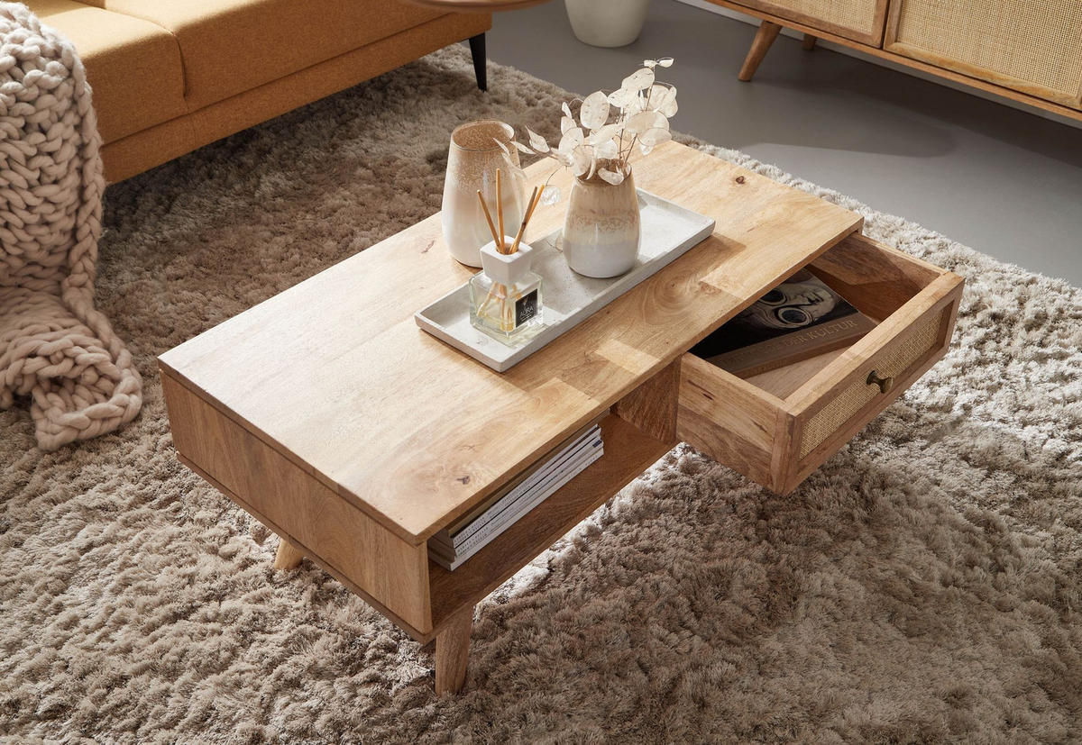 COUCHTISCH Mango-Holz Massiv mit Ablagefläche - Beige/Braun, Holz/Metall (45/90/40cm) - KADIMA DESIGN