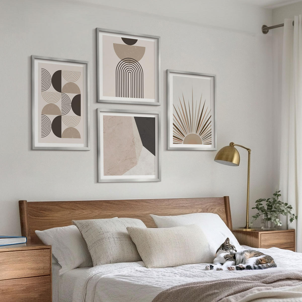 BILDER SET 4er Set - 50x50 cm & 40x60 cm Silberner Rahmen - Abstrakte beige und braune Formen - Silberfarben, Kunststoff (50/50cm) - TULUP