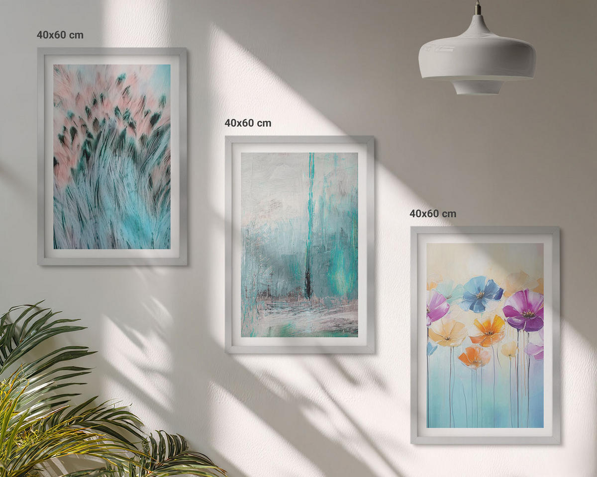 WANDBILDER 3er Set - 40x60 cm Silberner Rahmen - Hintergrundmuster mit Pastellblumen - Silberfarben, Kunststoff (40/60cm) - ArtPrintCave