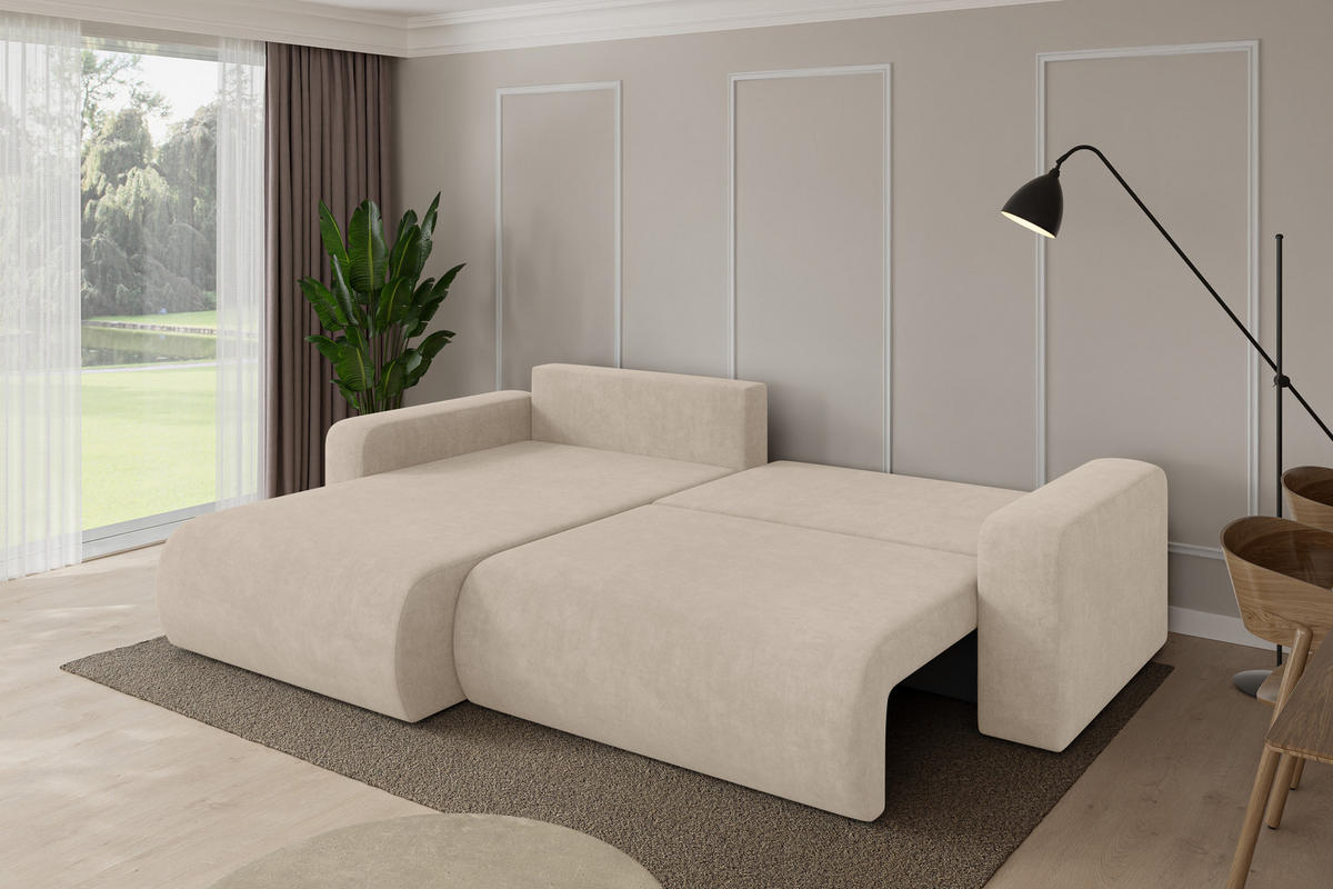 ROHOVÁ SEDAČKA s funkcí spaní, otoman vlevo BERY-L 276x193x88 béžová velur - černá/Sahara, kompozitní dřevo/textil (276/193cm) - ALTDECOR