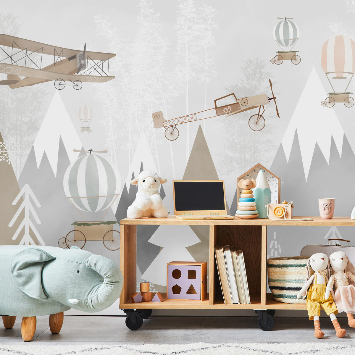 FOTOTAPETE für Kinderzimmer Flugzeuge Bergen Bäume 500x350 - Beige/Braun, Papier (500/350cm) - Muralo