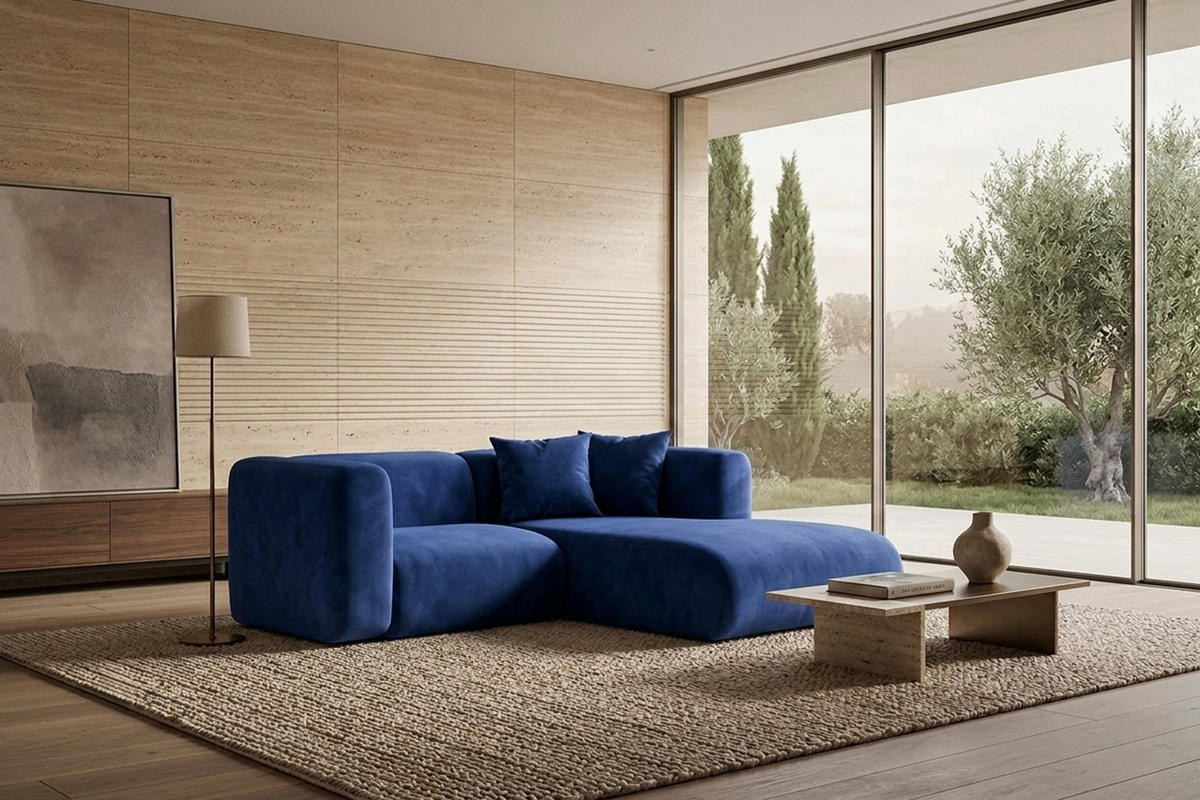 ECKSOFA L-Form mini, Velvet-Stoff Bluvel, Tintenblau, Rechts, GRETA - Blau, Holz (226/179cm) - Kaiser Möbel