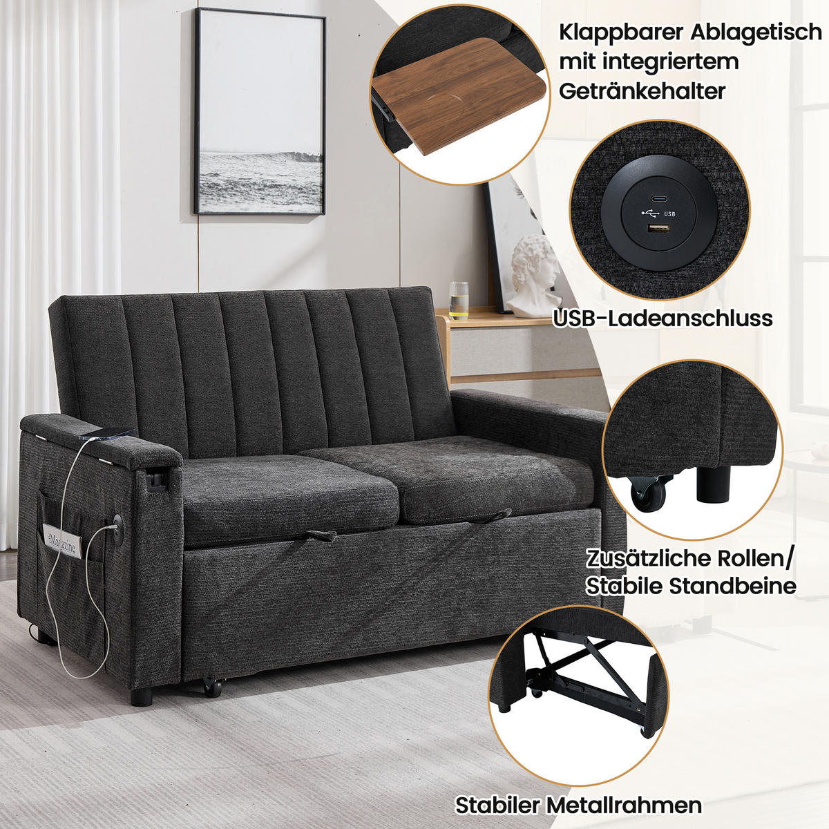 SCHLAFSOFA 140/84.5/84 cm Grau mit Klapptablett, USB & Type-C Ladeanschluss, Seitentaschen und Rollen - Grau, Textil (140/84/84.5cm) - Oxeza
