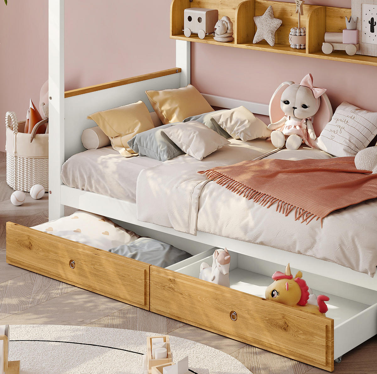 ETAGENBETT aus Kiefer und MDF 90x200 cm Weiß/Natur mit Stauraumtreppe, 2 Schubladen und Fallschutzgitter - Weiß, Holzwerkstoff (90/200cm) - Modfu