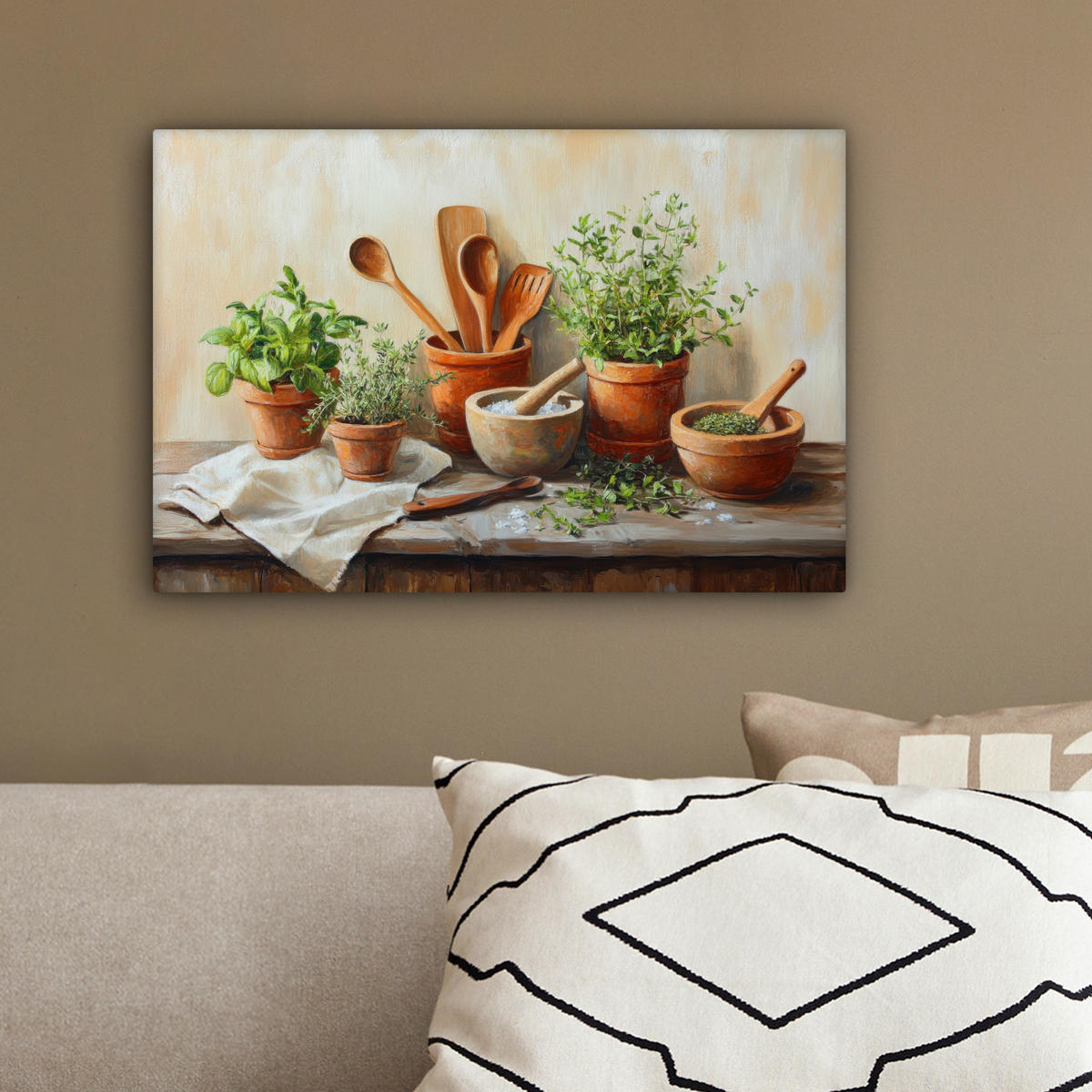 LEINWANDBILD Töpfe - Kräuter - Holz 30x20 cm - Terracotta, Textil (30/20cm) - MuchoWow