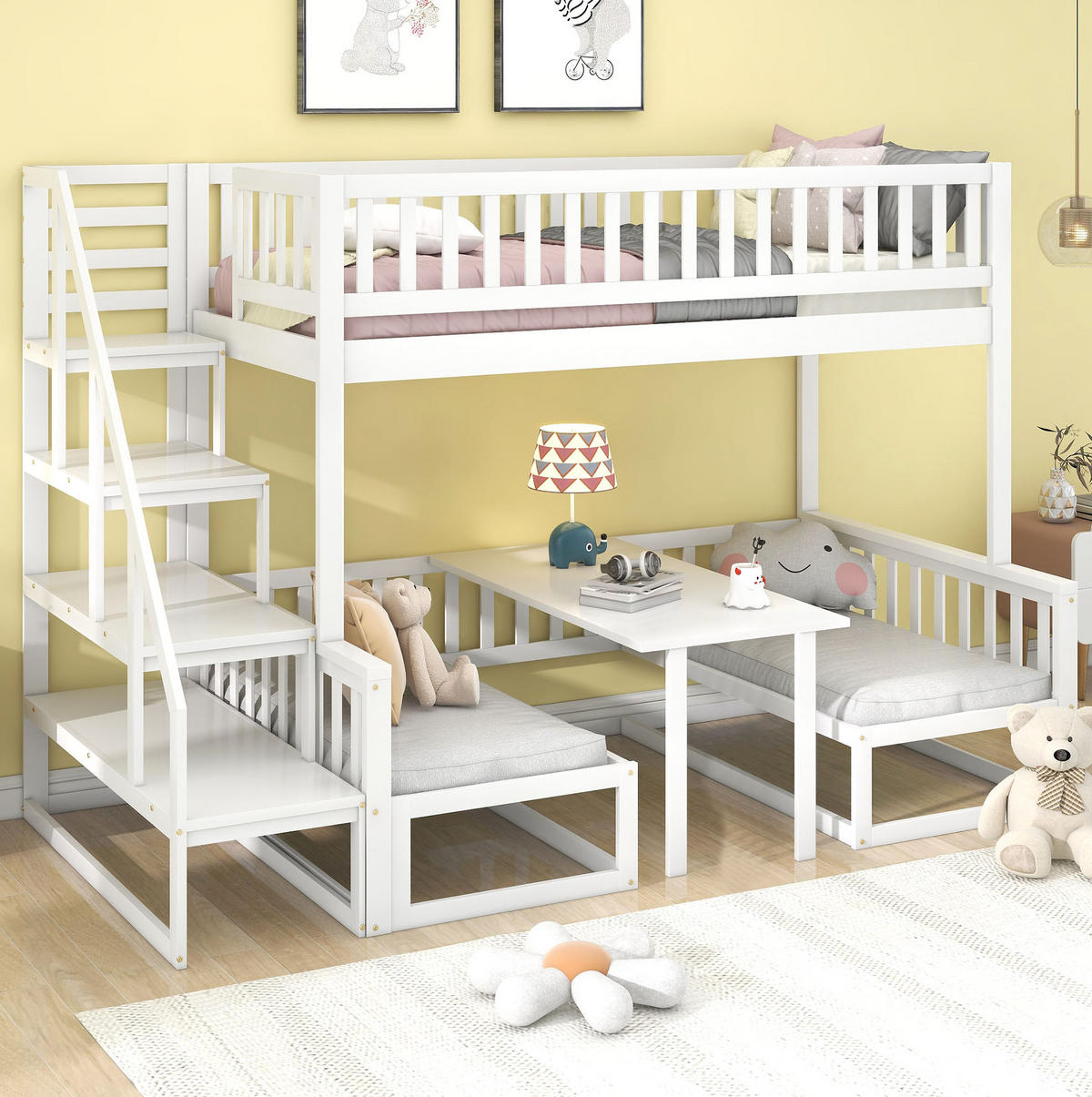 ETAGENBETT 90/200 cm Weiß mit Treppe und verstellbarem Tisch aus Kiefernholz - Weiß, Holzwerkstoff (90/200cm) - OKWISH